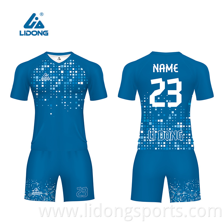 Oem Full Sublimation Printing Quick Dry Fabric Blue White Mens Team Soccer Wear Youth Football Uniforms